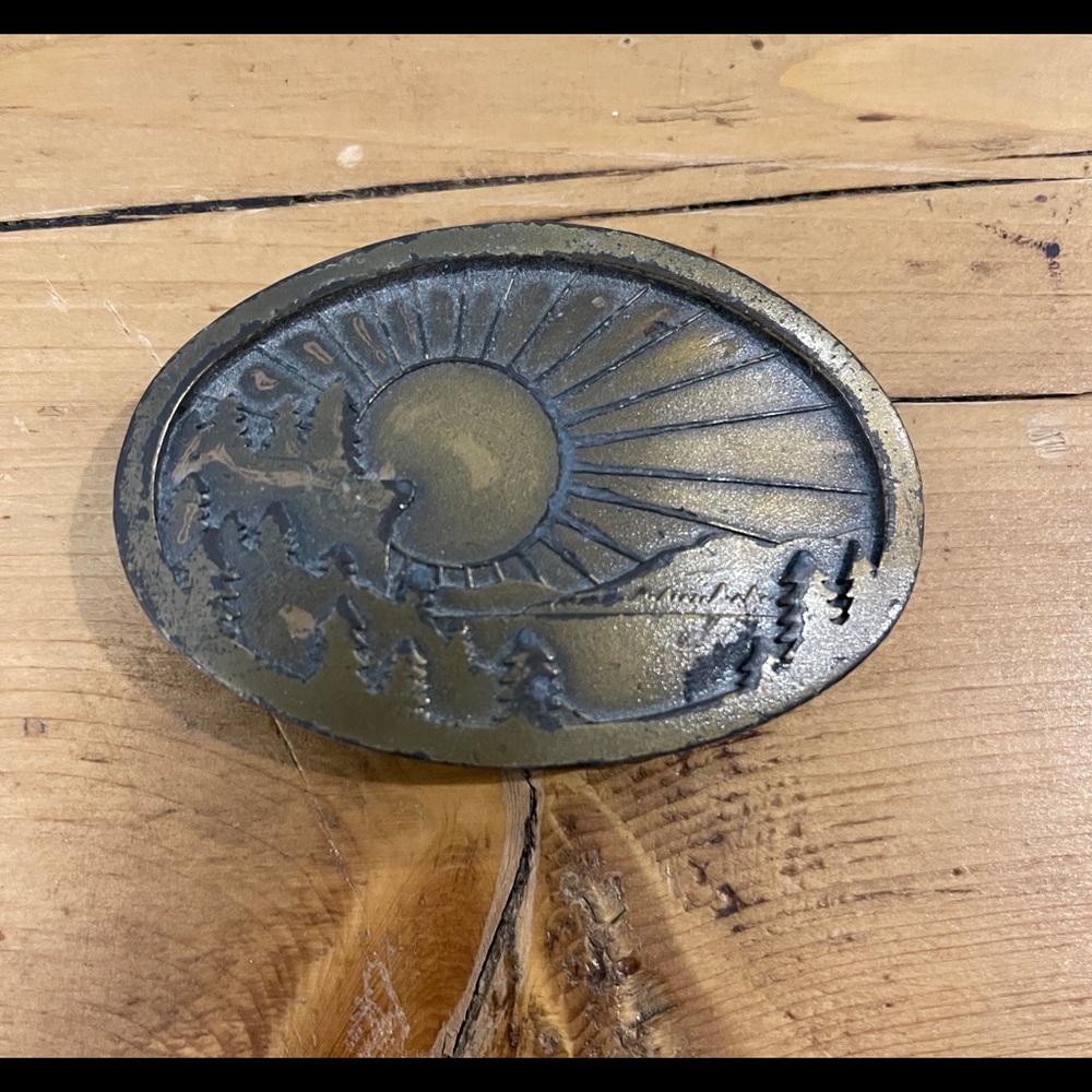 Vintage 1977 Indian Metal Craft Brass Sunrise Belt Buckle